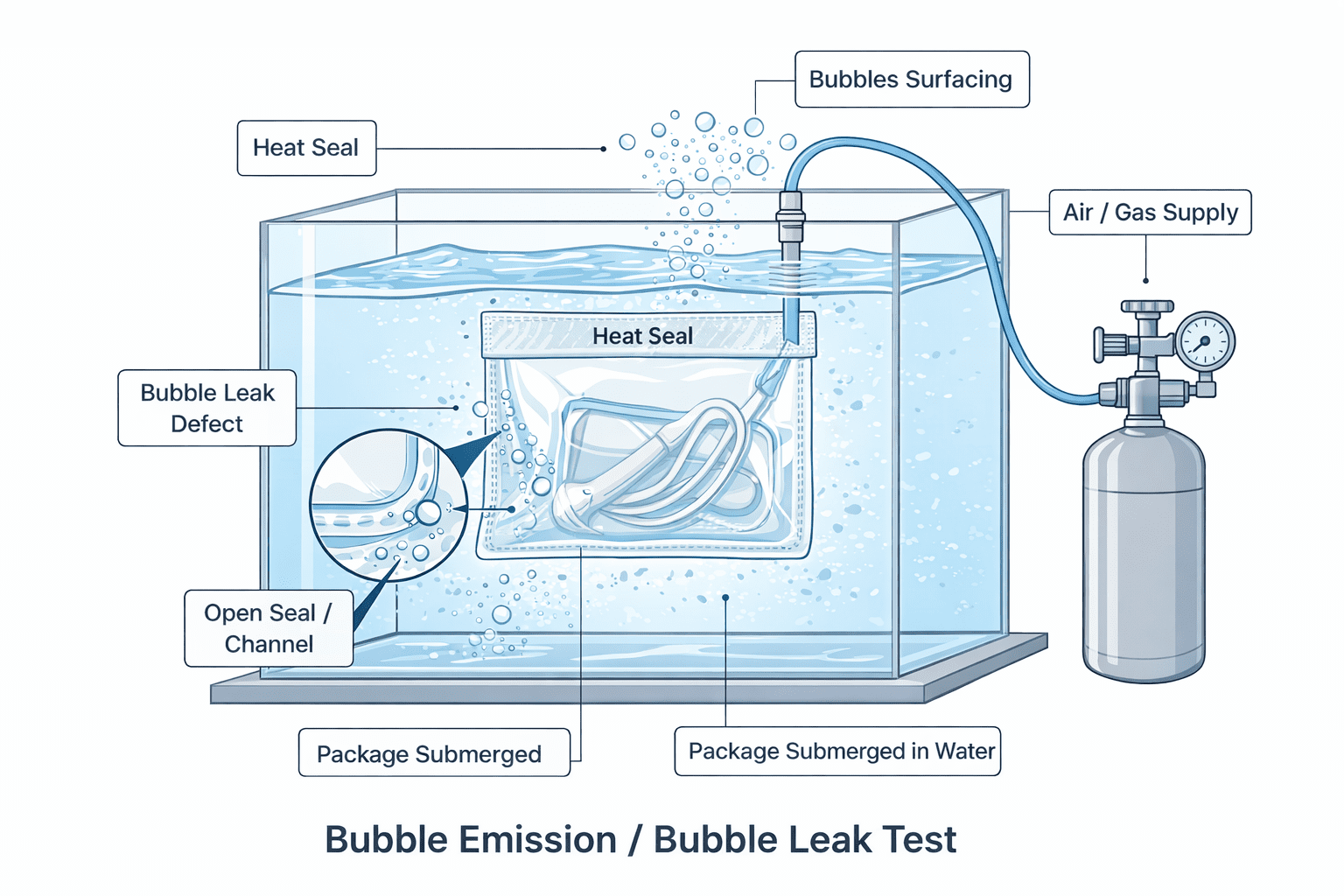 Bubble emission test showing air escaping from a sealed medical package to indicate a gross leak