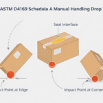 ASTM D4169 Schedule A manual handling drop test showing edge and corner impact locations on a shipping package