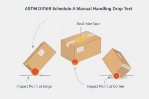 ASTM D4169 Schedule A manual handling drop test showing edge and corner impact locations on a shipping package