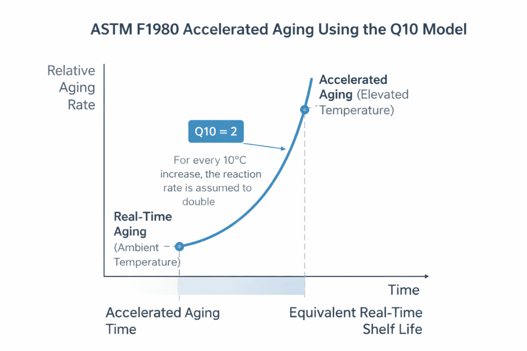 ASTM F1980 Q10 accelerated aging model showing the relationship between elevated temperature and equivalent real-time aging
