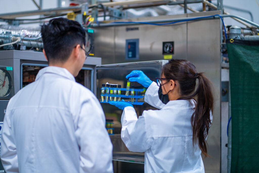 Two laboratory technicians in white lab coats conducting bioburden testing, handling test tubes with liquid samples near a sterilization chamber in a controlled lab setting.
