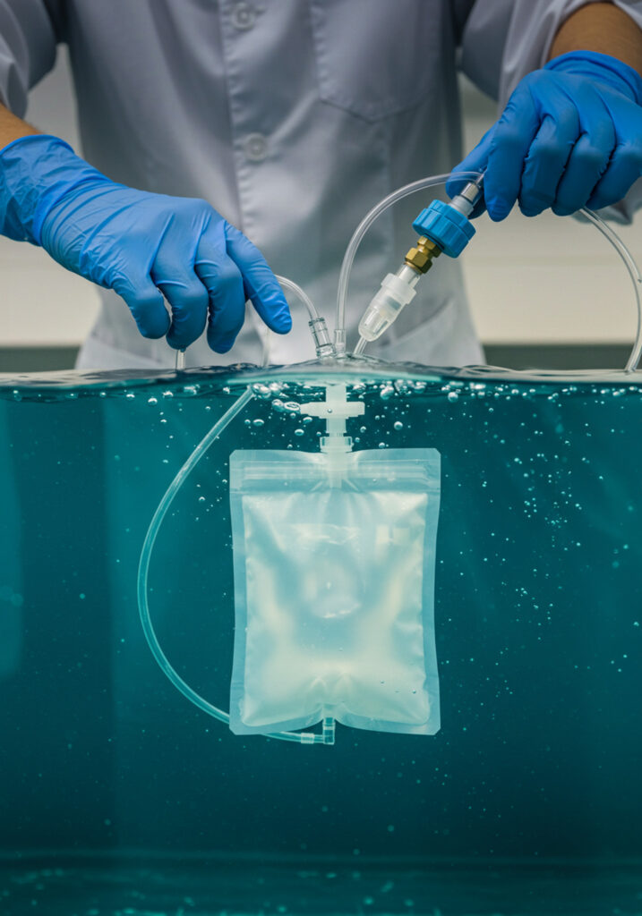 Gloved technician performing ASTM F2096 bubble emission test on a Tyvek medical pouch submerged in a water tank, with visible tubing and pressure connections.