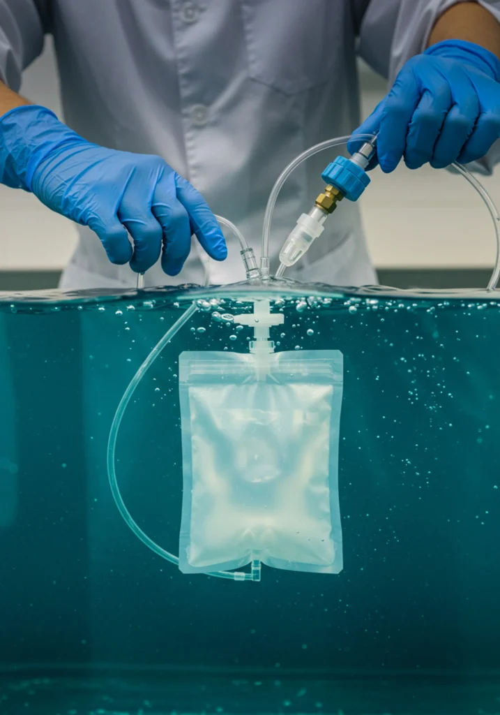 Gloved technician performing ASTM F2096 bubble emission test on a Tyvek medical pouch submerged in a water tank, with visible tubing and pressure connections.