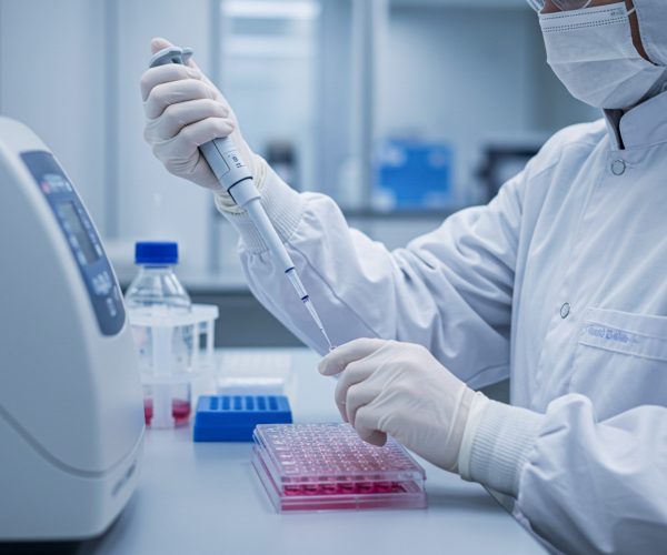 A laboratory technician in a sterile environment performing bacterial endotoxin testing using a pipette and microplate.