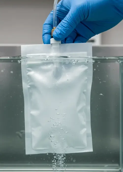 Gloved technician performing bubble emission leak test on a Tyvek medical pouch submerged in water, per ASTM F2096 standard.