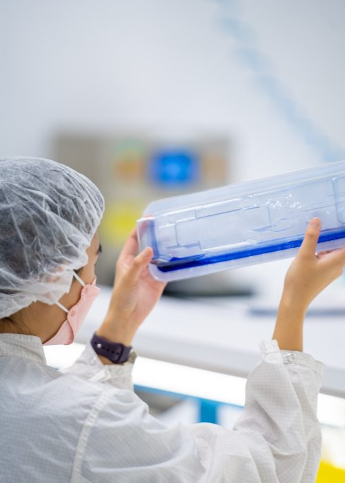 Dye Leak Testing for Medical Device Packaging Technician wearing protective gear closely examining medical device packaging for leaks during a dye test in a laboratory setting.