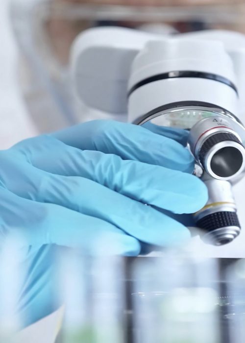 Microbial Identification Testing in Sterile Laboratory Scientist examining microbial samples under a microscope in a sterile lab environment for medical device testing.