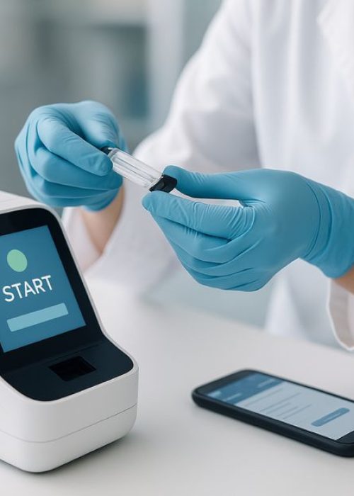 point-of-care-diagnostic-device-modern-lab Healthcare professional using a modern point-of-care diagnostic device connected to a smartphone in a clinical setting