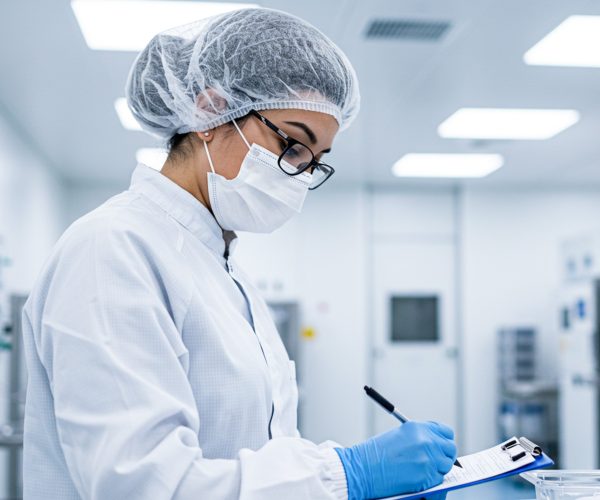 A laboratory technician in cleanroom attire conducts a quality control inspection with a clipboard and pen in a sterile facility.
