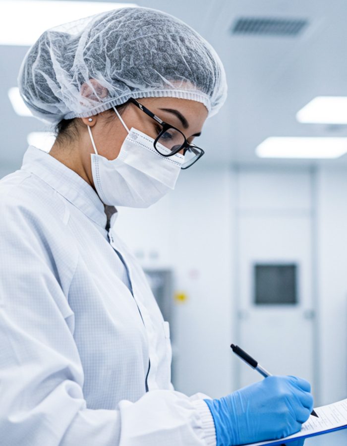 A laboratory technician in cleanroom attire conducts a quality control inspection with a clipboard and pen in a sterile facility.