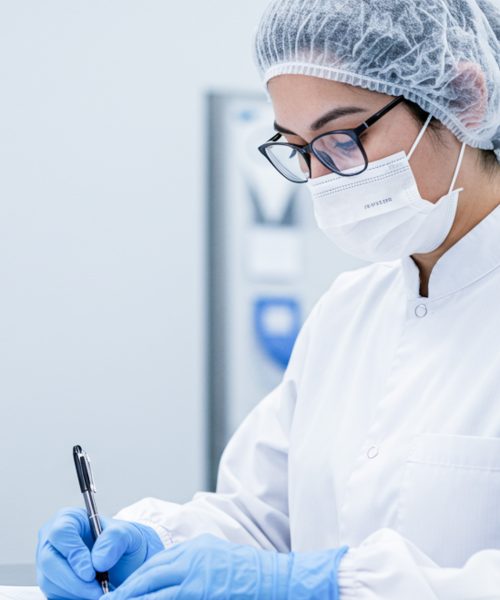 Documentation and Compliance in Medical Device Manufacturing Technician in a cleanroom writing compliance documentation while wearing protective gear, including gloves, a mask, and a hairnet.