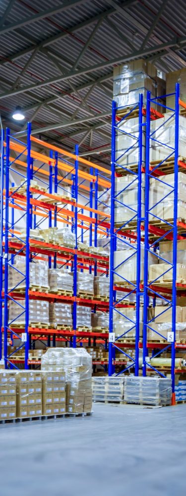 High-ceiling warehouse with organized shelving, palletized inventory, and industrial lighting Caption: Secure and organized warehouse facility with palletized inventory and efficient storage systems