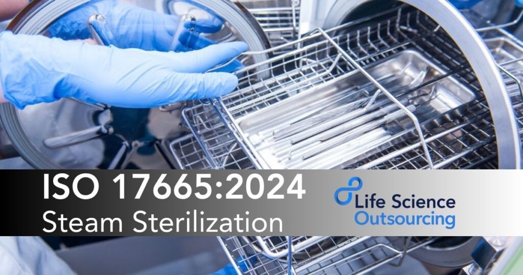 Autoclave tray with stainless medical instruments — ISO 17665 steam sterilization.