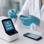 Healthcare professional using a modern point-of-care diagnostic device connected to a smartphone in a clinical setting