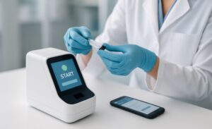 Healthcare professional using a modern point-of-care diagnostic device connected to a smartphone in a clinical setting