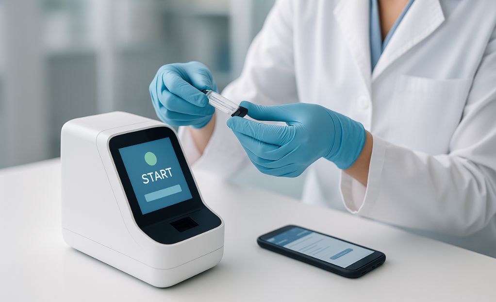 Healthcare professional using a modern point-of-care diagnostic device connected to a smartphone in a clinical setting