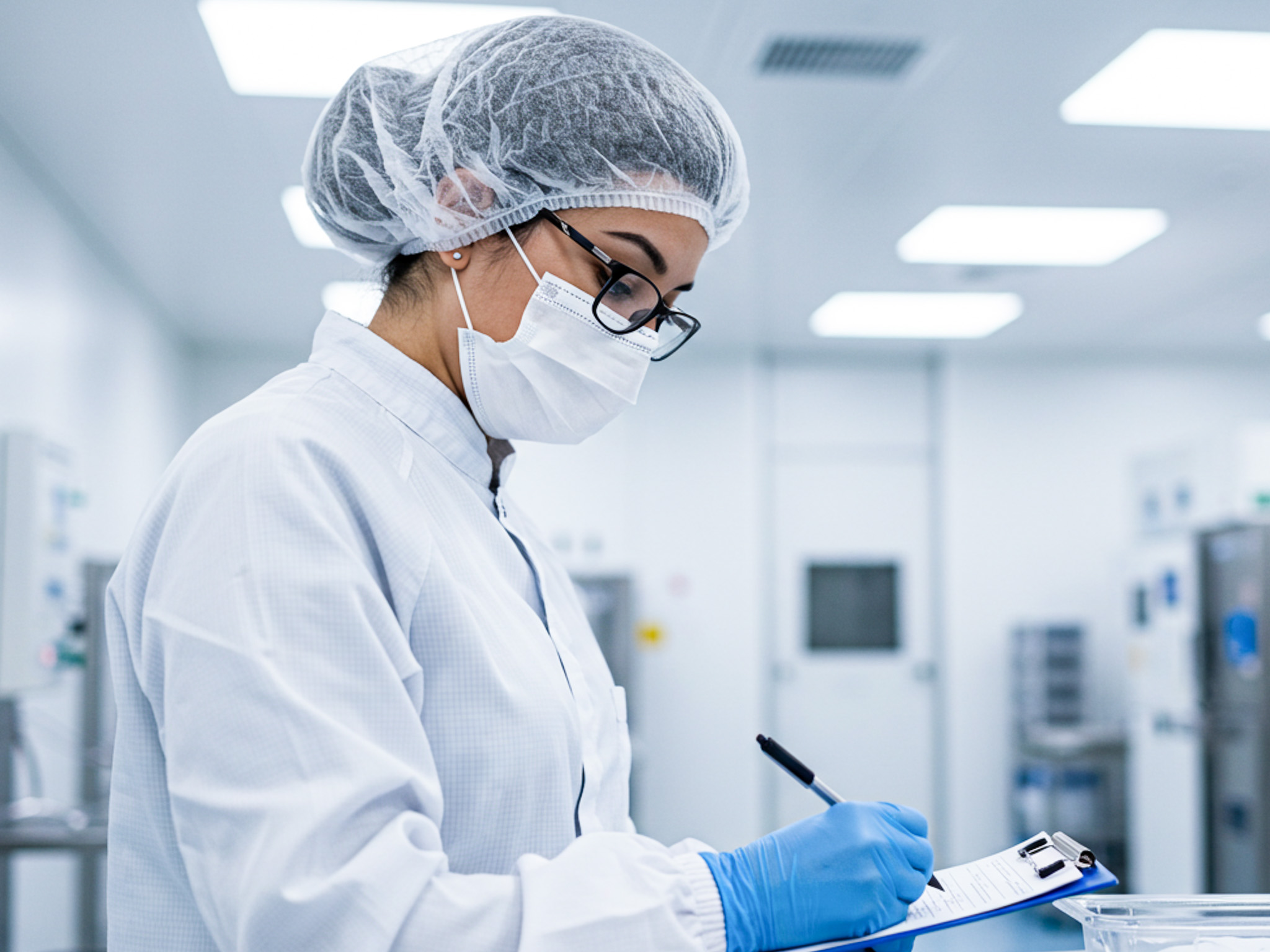 A laboratory technician in cleanroom attire conducts a quality control inspection with a clipboard and pen in a sterile facility.