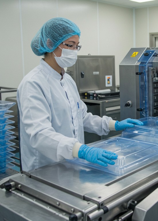 Medical technician handling thermoformed plastic trays in a cleanroom environment.